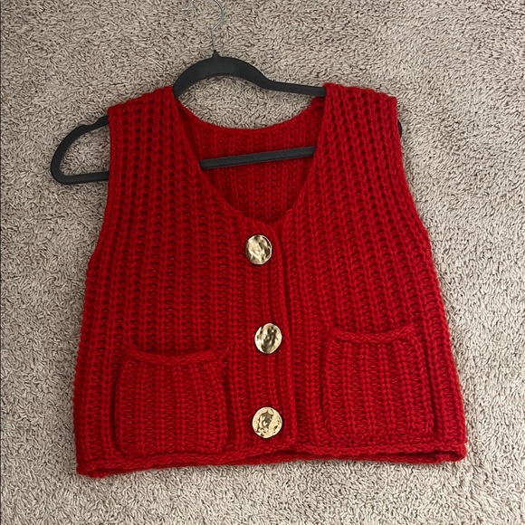 Zara Sweaters - Zara Red V-Neck Sweater Vest with Gold Buttons